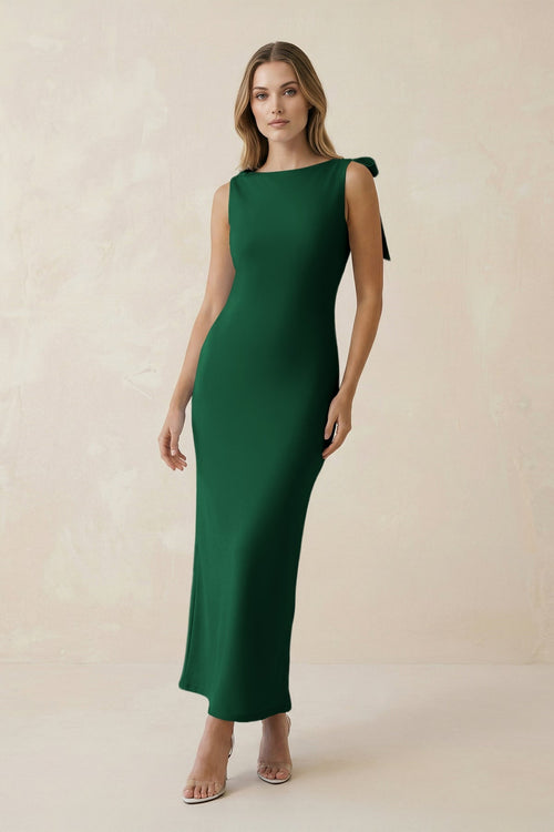 Bateau Neck Sheath Satin Midi Bridesmaid Dress With Bow in Green - KissProm Bridesmaid Dresses