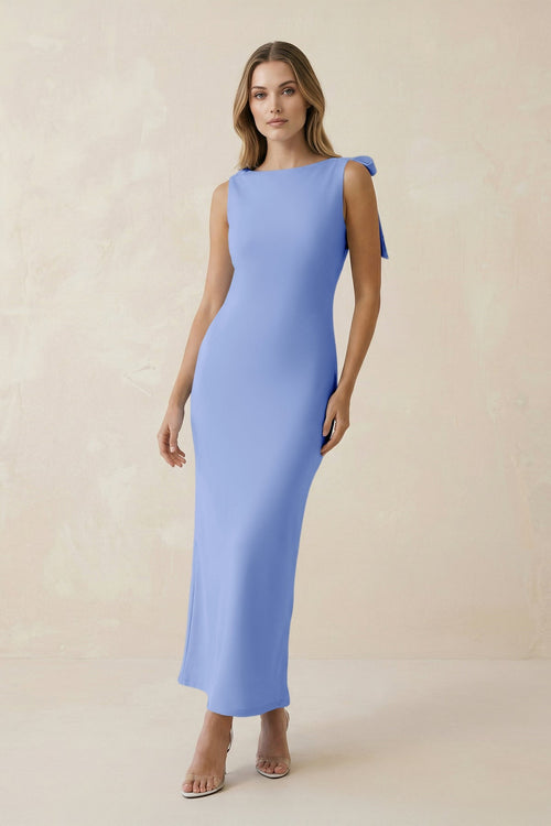 Bateau Neck Sheath Satin Midi Bridesmaid Dress With Bow in Ice - KissProm Bridesmaid Dresses