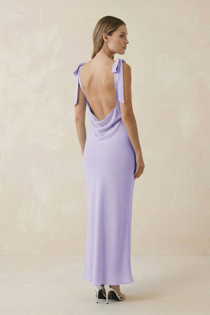 Bateau Neck Sheath Satin Midi Bridesmaid Dress With Bow in Lavender - KissProm Bridesmaid Dresses