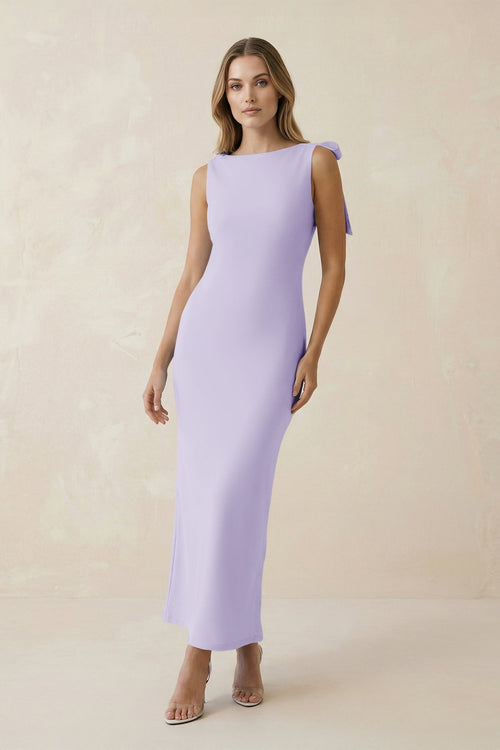 Bateau Neck Sheath Satin Midi Bridesmaid Dress With Bow in Lavender - KissProm Bridesmaid Dresses