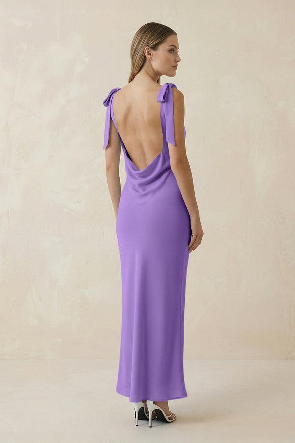 Bateau Neck Sheath Satin Midi Bridesmaid Dress With Bow in Lilac - KissProm Bridesmaid Dresses