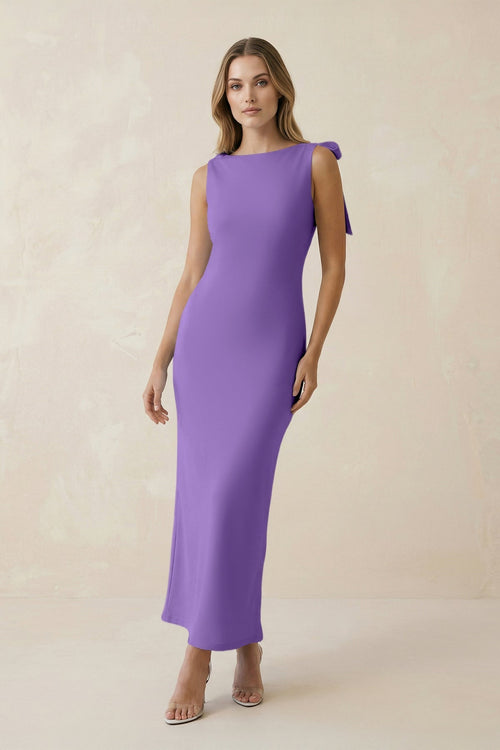 Bateau Neck Sheath Satin Midi Bridesmaid Dress With Bow in Lilac - KissProm Bridesmaid Dresses