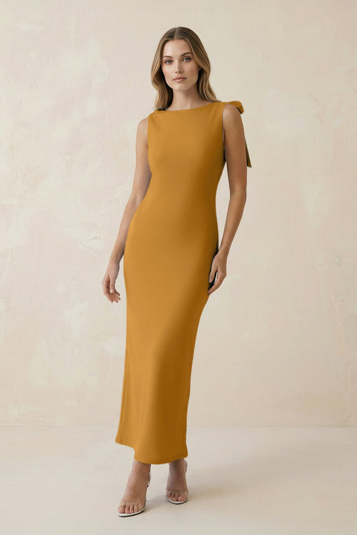 Bateau Neck Sheath Satin Midi Bridesmaid Dress With Bow in Marigold - KissProm Bridesmaid Dresses