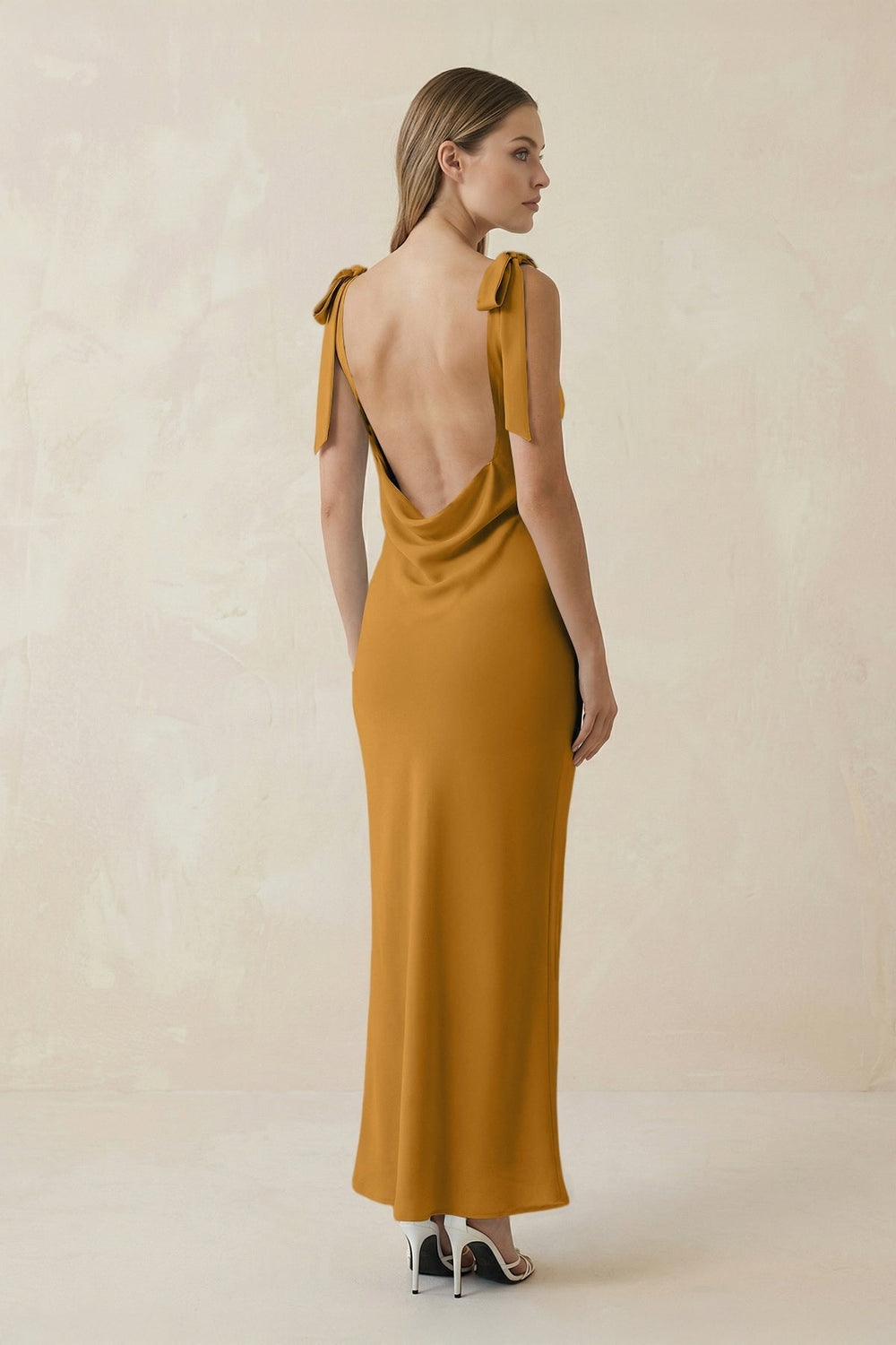 Bateau Neck Sheath Satin Midi Bridesmaid Dress With Bow in Marigold - KissProm Bridesmaid Dresses