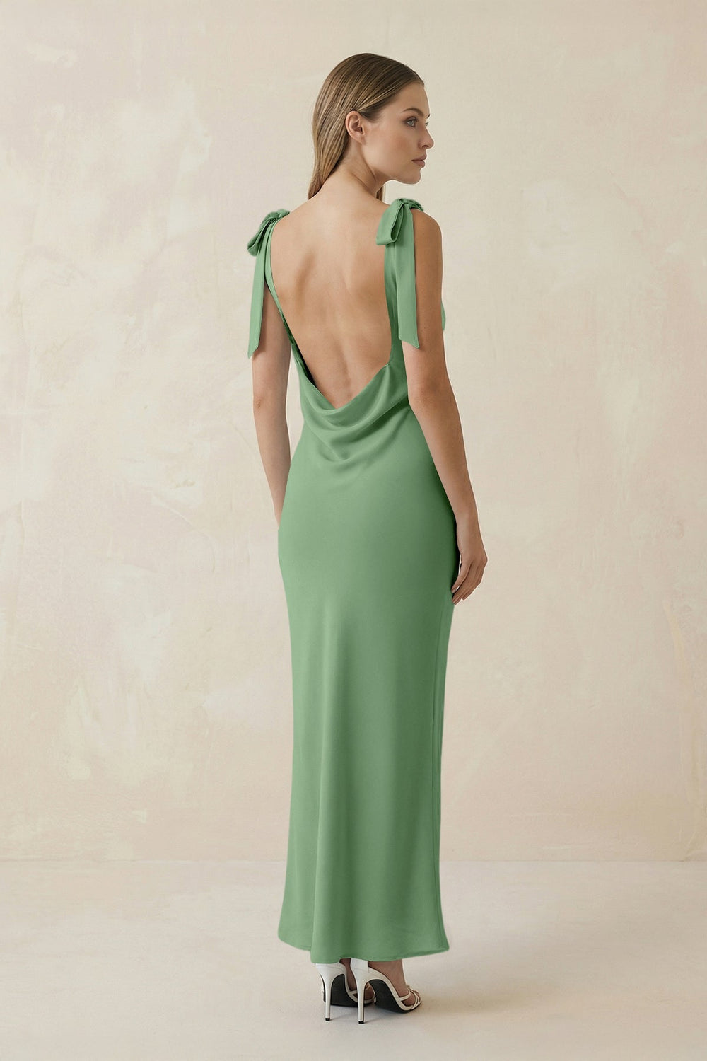 Bateau Neck Sheath Satin Midi Bridesmaid Dress With Bow in Matcha - KissProm Bridesmaid Dresses