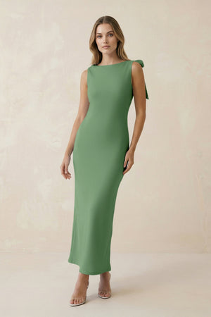 Bateau Neck Sheath Satin Midi Bridesmaid Dress With Bow in Matcha - KissProm Bridesmaid Dresses