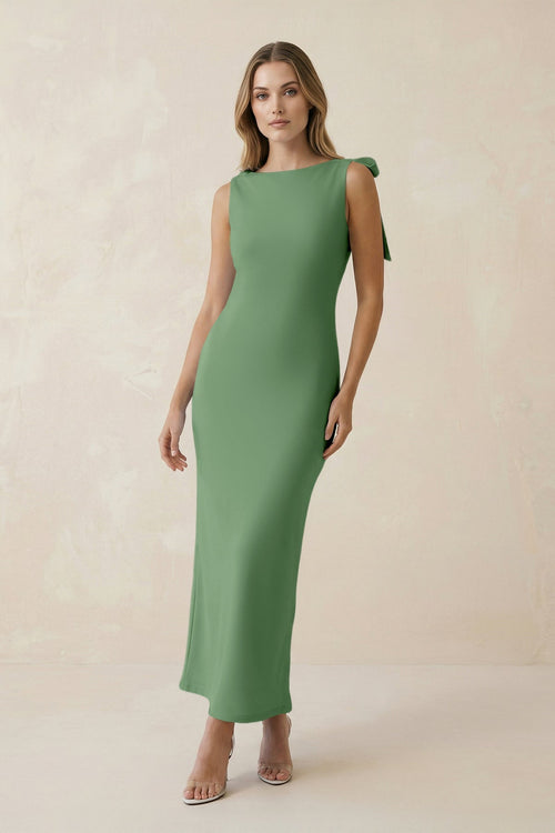 Bateau Neck Sheath Satin Midi Bridesmaid Dress With Bow in Matcha - KissProm Bridesmaid Dresses