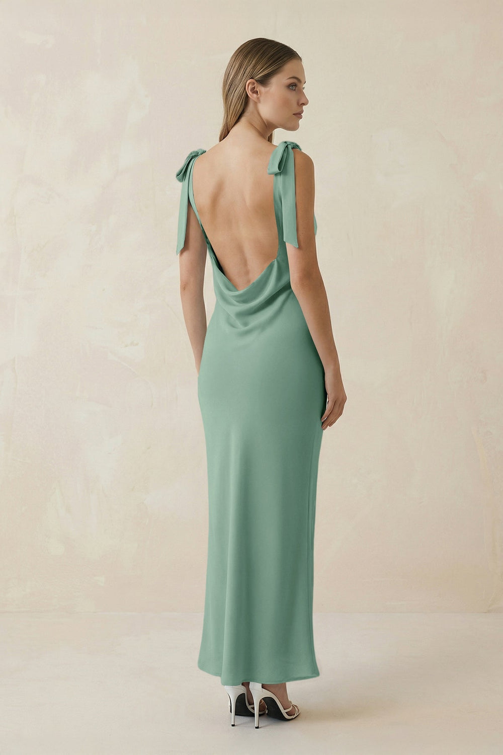 Bateau Neck Sheath Satin Midi Bridesmaid Dress With Bow in Mint Green - KissProm Bridesmaid Dresses