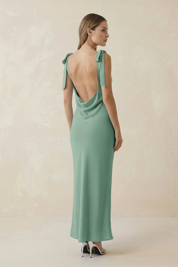 Bateau Neck Sheath Satin Midi Bridesmaid Dress With Bow in Mint Green - KissProm Bridesmaid Dresses