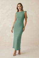 Bateau Neck Sheath Satin Midi Bridesmaid Dress With Bow in Mint Green - KissProm Bridesmaid Dresses