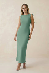 Bateau Neck Sheath Satin Midi Bridesmaid Dress With Bow in Mint Green - KissProm Bridesmaid Dresses