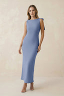 Bateau Neck Sheath Satin Midi Bridesmaid Dress With Bow in Mist - KissProm Bridesmaid Dresses