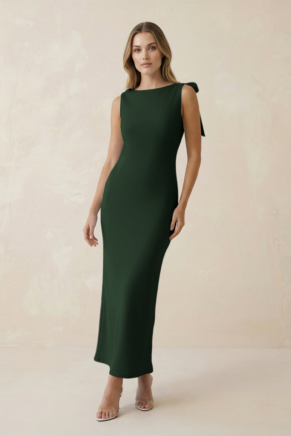 Bateau Neck Sheath Satin Midi Bridesmaid Dress With Bow in Moss - KissProm Bridesmaid Dresses