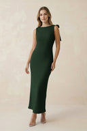Bateau Neck Sheath Satin Midi Bridesmaid Dress With Bow in Moss - KissProm Bridesmaid Dresses