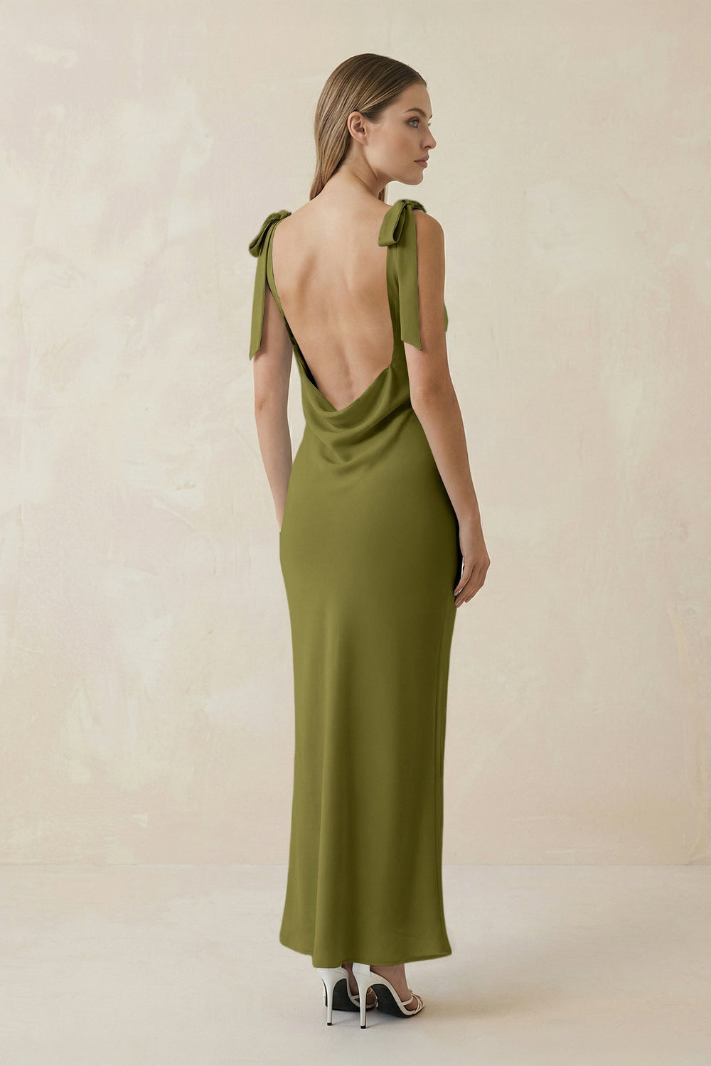 Bateau Neck Sheath Satin Midi Bridesmaid Dress With Bow in Moss Green - KissProm Bridesmaid Dresses