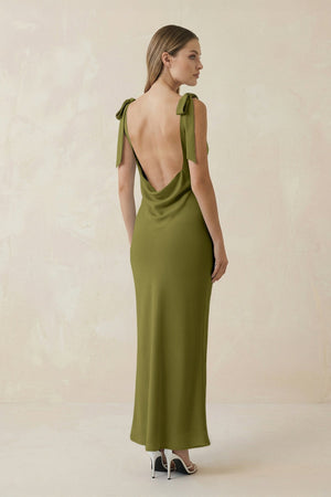 Bateau Neck Sheath Satin Midi Bridesmaid Dress With Bow in Moss Green - KissProm Bridesmaid Dresses