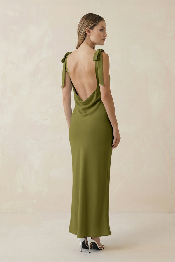 Bateau Neck Sheath Satin Midi Bridesmaid Dress With Bow in Moss Green
