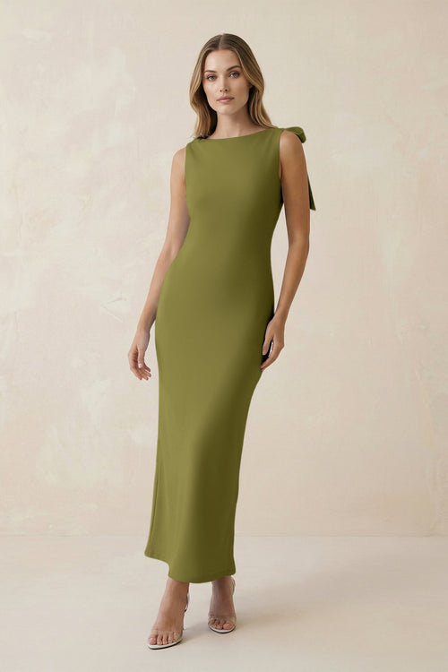 Bateau Neck Sheath Satin Midi Bridesmaid Dress With Bow in Moss Green