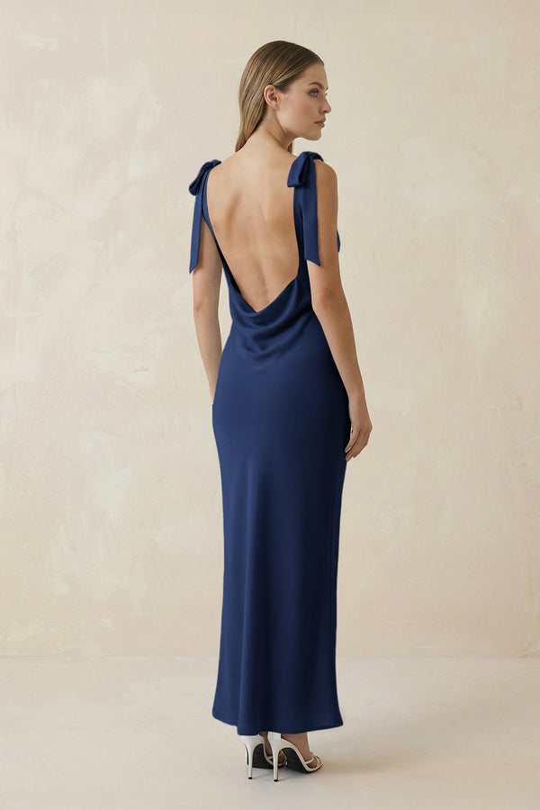 Bateau Neck Sheath Satin Midi Bridesmaid Dress With Bow in Navy - KissProm Bridesmaid Dresses