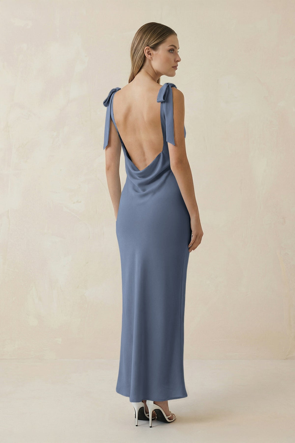 Bateau Neck Sheath Satin Midi Bridesmaid Dress With Bow in Neptune - KissProm Bridesmaid Dresses