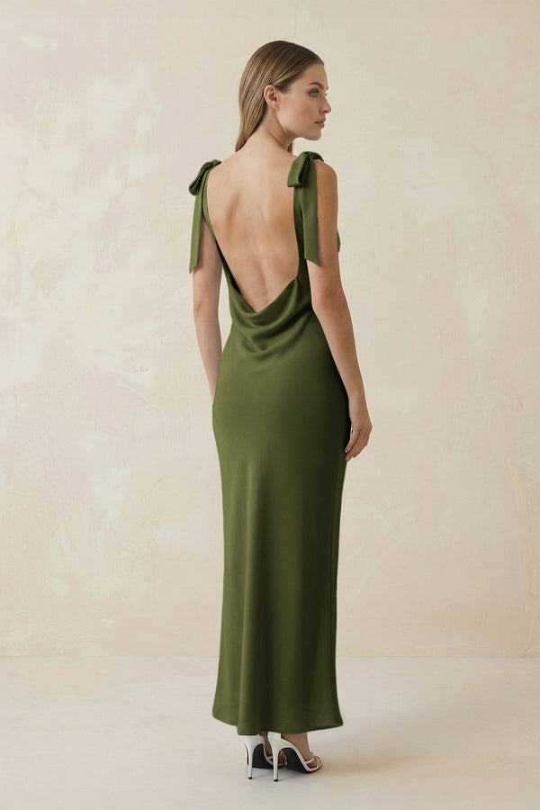 Bateau Neck Sheath Satin Midi Bridesmaid Dress With Bow in Olive - KissProm Bridesmaid Dresses