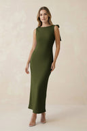 Bateau Neck Sheath Satin Midi Bridesmaid Dress With Bow in Olive - KissProm Bridesmaid Dresses