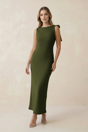 Bateau Neck Sheath Satin Midi Bridesmaid Dress With Bow in Olive - KissProm Bridesmaid Dresses
