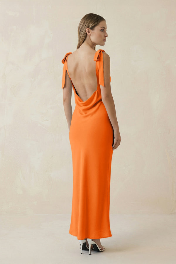 Bateau Neck Sheath Satin Midi Bridesmaid Dress With Bow in Orange - KissProm Bridesmaid Dresses