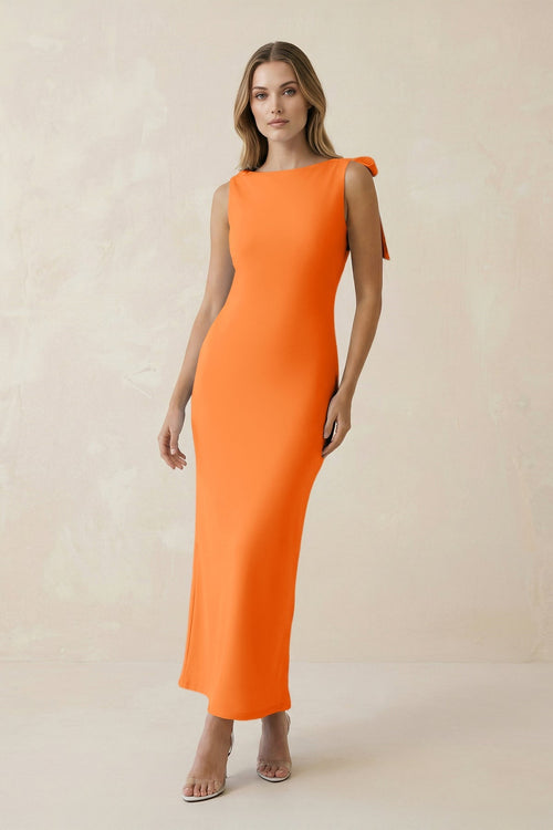 Bateau Neck Sheath Satin Midi Bridesmaid Dress With Bow in Orange - KissProm Bridesmaid Dresses