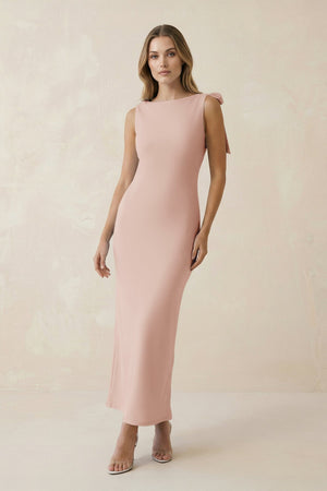 Bateau Neck Sheath Satin Midi Bridesmaid Dress With Bow in Pale Blush - KissProm Bridesmaid Dresses