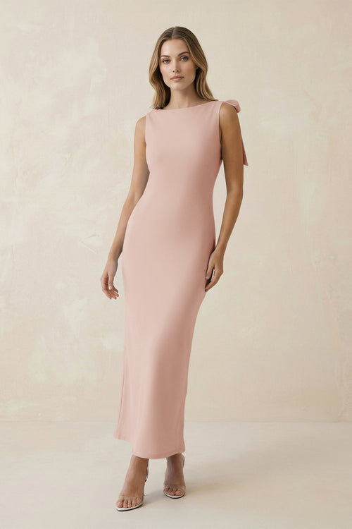 Bateau Neck Sheath Satin Midi Bridesmaid Dress With Bow in Pale Blush - KissProm Bridesmaid Dresses