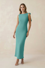 Bateau Neck Sheath Satin Midi Bridesmaid Dress With Bow in Pale Pistachio - KissProm Bridesmaid Dresses
