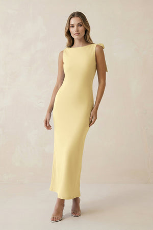Bateau Neck Sheath Satin Midi Bridesmaid Dress With Bow in Pastel Yellow - KissProm Bridesmaid Dresses