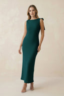 Bateau Neck Sheath Satin Midi Bridesmaid Dress With Bow in Pine - KissProm Bridesmaid Dresses