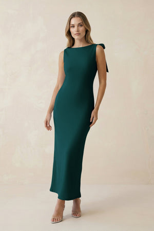 Bateau Neck Sheath Satin Midi Bridesmaid Dress With Bow in Pine - KissProm Bridesmaid Dresses