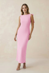 Bateau Neck Sheath Satin Midi Bridesmaid Dress With Bow in Pink - KissProm Bridesmaid Dresses