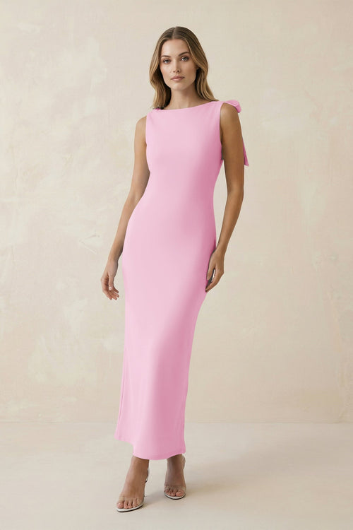 Bateau Neck Sheath Satin Midi Bridesmaid Dress With Bow in Pink - KissProm Bridesmaid Dresses