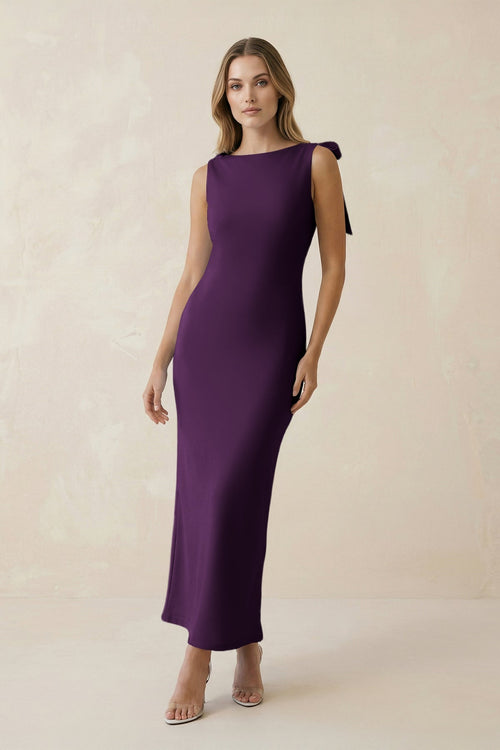 Bateau Neck Sheath Satin Midi Bridesmaid Dress With Bow in Plum - KissProm Bridesmaid Dresses