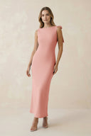 Bateau Neck Sheath Satin Midi Bridesmaid Dress With Bow in Rose Petal - KissProm Bridesmaid Dresses