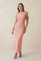 Bateau Neck Sheath Satin Midi Bridesmaid Dress With Bow in Rose Petal - KissProm Bridesmaid Dresses