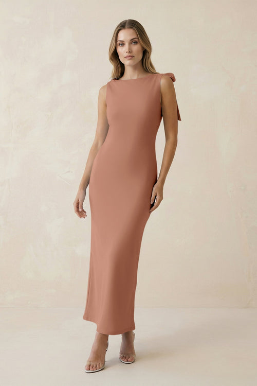 Bateau Neck Sheath Satin Midi Bridesmaid Dress With Bow in Rosette - KissProm Bridesmaid Dresses
