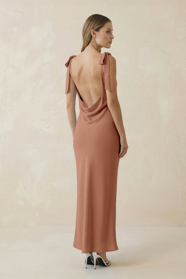 Bateau Neck Sheath Satin Midi Bridesmaid Dress With Bow in Rosette - KissProm Bridesmaid Dresses