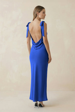 Bateau Neck Sheath Satin Midi Bridesmaid Dress With Bow in Royal Blue - KissProm Bridesmaid Dresses