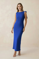 Bateau Neck Sheath Satin Midi Bridesmaid Dress With Bow in Royal Blue - KissProm Bridesmaid Dresses