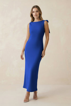 Bateau Neck Sheath Satin Midi Bridesmaid Dress With Bow in Royal Blue - KissProm Bridesmaid Dresses