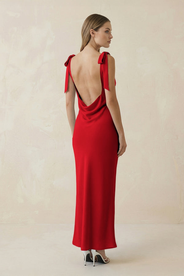 Bateau Neck Sheath Satin Midi Bridesmaid Dress With Bow in Ruby Red - KissProm Bridesmaid Dresses