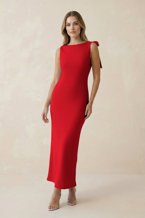 Bateau Neck Sheath Satin Midi Bridesmaid Dress With Bow in Ruby Red - KissProm Bridesmaid Dresses