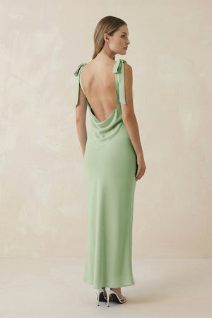 Bateau Neck Sheath Satin Midi Bridesmaid Dress With Bow in Sage - KissProm Bridesmaid Dresses