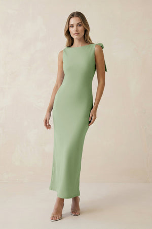 Bateau Neck Sheath Satin Midi Bridesmaid Dress With Bow in Sage - KissProm Bridesmaid Dresses