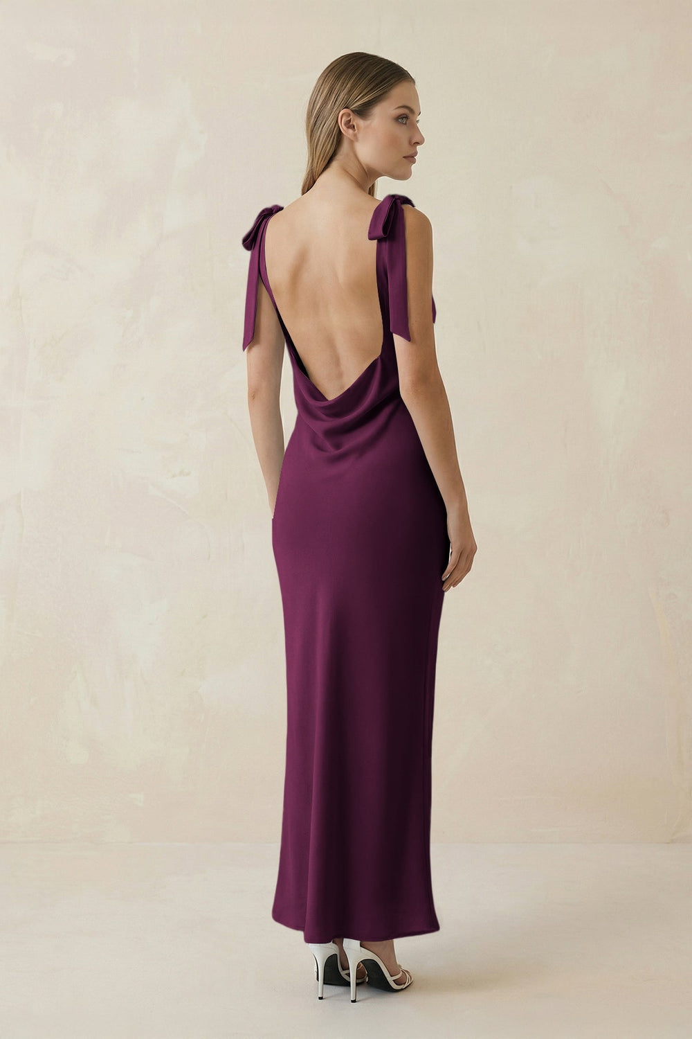 Bateau Neck Sheath Satin Midi Bridesmaid Dress With Bow in Sangria - KissProm Bridesmaid Dresses